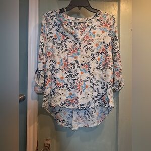 Daniel Rainn Floral Tab-Sleeve Tunic - White with Blue & Coral